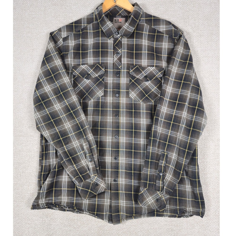 5.11‎ Tactical Mens XL Plaid Long Sleeve Snap Button Down Shirt Brown Yellow